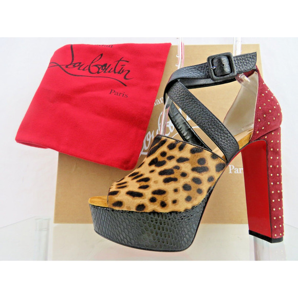 NIB LOUBOUTIN BINGIRL MULT 130 LEOPARD PONYHAIR STUDDED PLATFORM PUMPS 39 US 8.5 - Picture 6 of 14